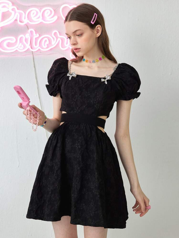 Puff Sleeve Cut Out Waist Dress | SHEIN
