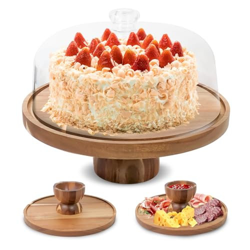 Acacia Wood Cake Stand with Lid - 12in Cake Stand with Dome,2 in 1 Charcuterie Board for Cheese, Chips, Fruit Platter, Large Acrylic Cake Dome Cover | Amazon (US)