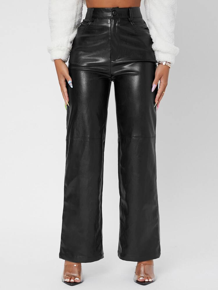 SHEIN X LOLITA & SOFIA Solid High Waist Straight Leg PU Leather Pants | SHEIN