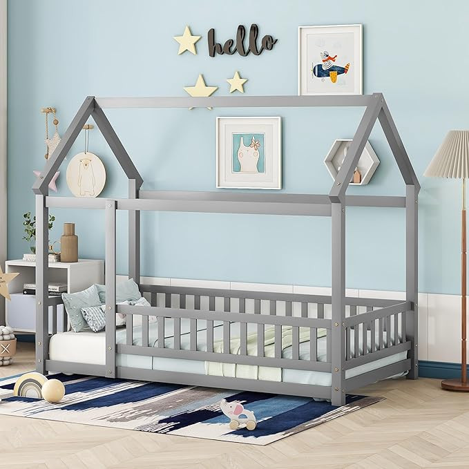 Bellemave Twin Size House Frame Wooden Montessori Floor Bed with Fence for Kids, Gray | Amazon (US)
