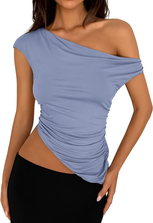 PRETTYGARDEN Womens 2025 Summer Off The Shoulder Crop Tops Sleeveless One Shoulder Ruched Asymmet... | Amazon (US)