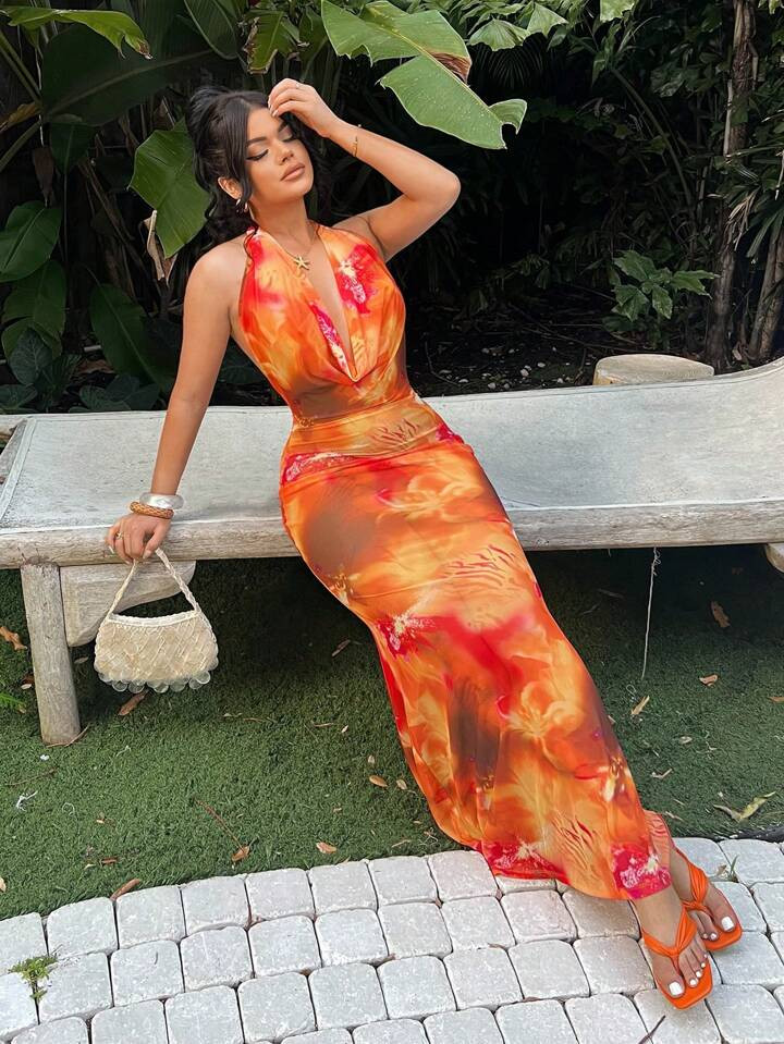 SHEIN SXY Draped Neck Backless Floral Print Animal Pattern Sexy Dress, Island Vacation Outfits, Pool Party Outfit, Summer Dress, Beach Outfits For Woman, Vacation Outfits Woman, Boho Women's Clothing, Brunch Outfits For Women, Halter Dress, Cruise Outfits Women, Strapless Dress, Backless Dress, Mesh Dress, Hawaii Outfits Women, Sexy Outfits For Women, Sheer, Ibiza Outfits, Pool Party Outfit, Island Vacation Outfits, Halter Dress, Backless Dress, Sexy, Women Dresses Birthday | SHEIN