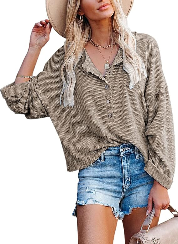 Dokotoo Womens Fashion V Neck Blouses & Button-Down Shirts Long Sleeve Turn Down Collar Tops Blou... | Amazon (US)