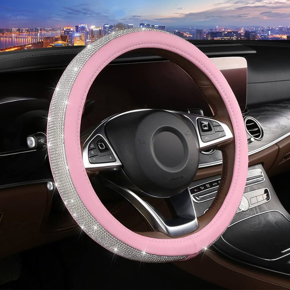 Steering Wheel Cover Women Pink Bling Diamond Steering Wheel Cover, Leather Cute Steering Wheel C... | Amazon (US)