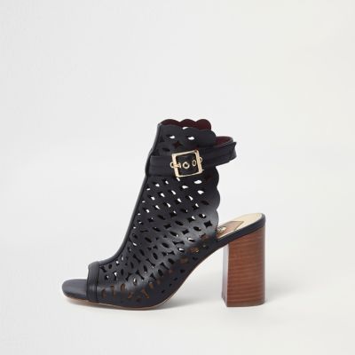 Black laser cut block heel shoe boots | River Island (UK & IE)