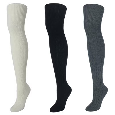 CTM Women's Cable Knit Over-The-Knee Soft Socks (3 Pairs), Black, Grey, and Cream | Target