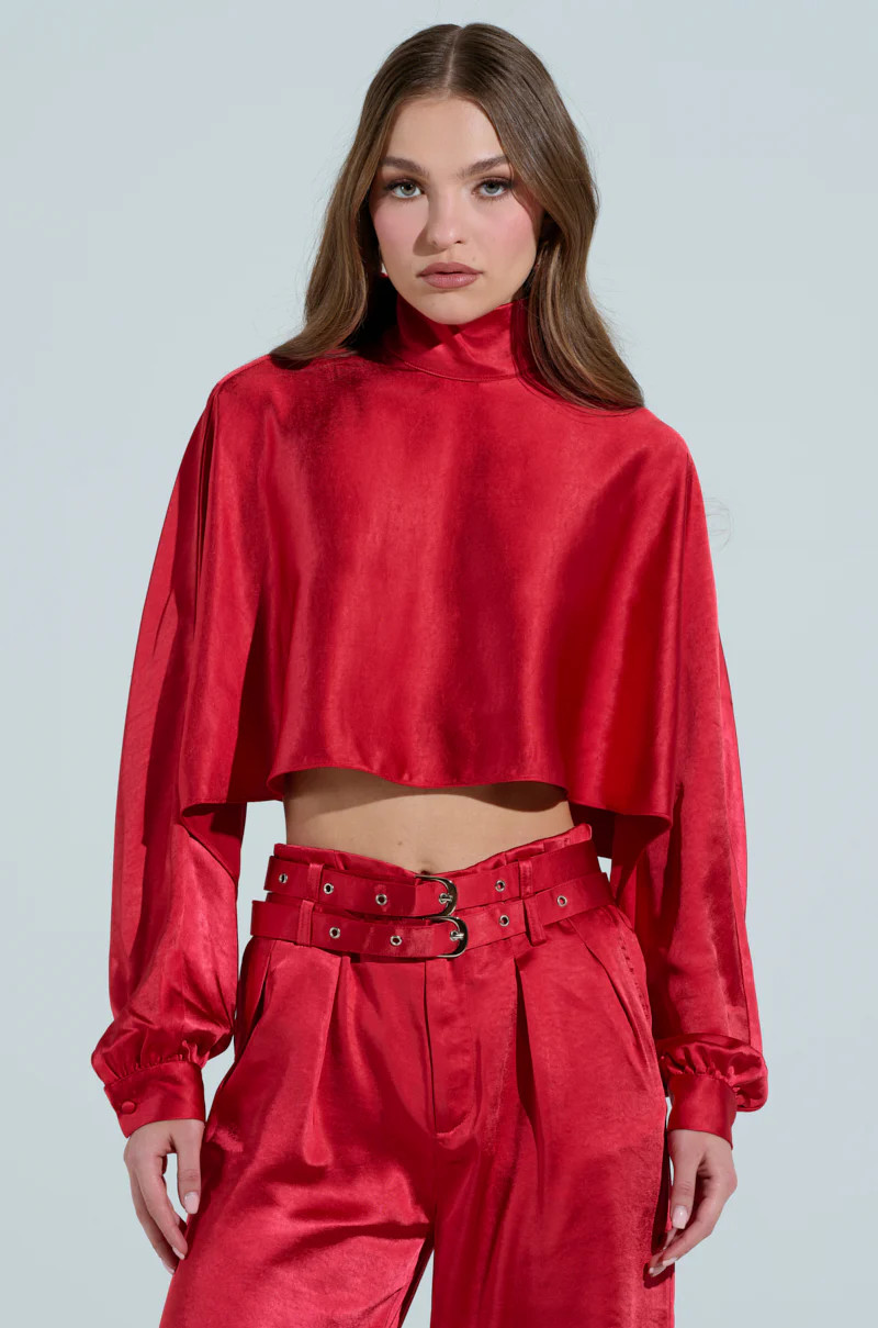 FEELIN' THE LOVE SATIN MOCK NECK BLOUSE IN RED | AKIRA