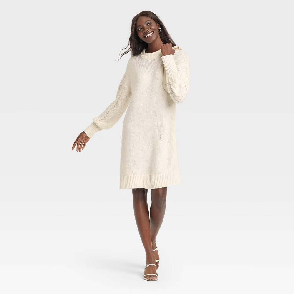 Women's Long Sleeve Cable Knit Sweater Dress - A New Day Cream XS, Ivory | Target