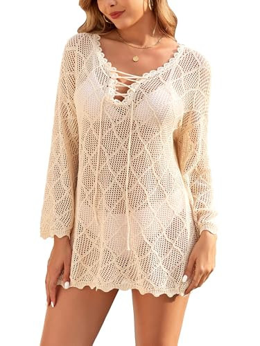 VIAURBE Women's Crochet Cover Ups 2025 Hollow Out Bathing Suit Bikini Coverup Knit Swimsuit Beach Dress Apricot S | Amazon (US)