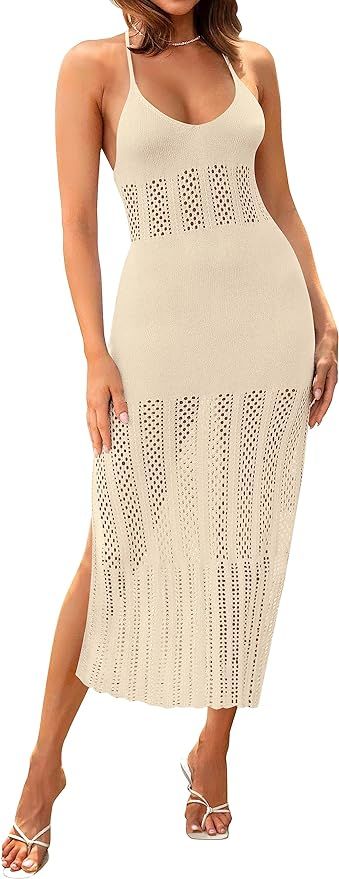 ZESICA Women's Summer V Neck Sleeveless Dress Crochet Spaghetti Strap Beach Cover up Split Bodyco... | Amazon (US)