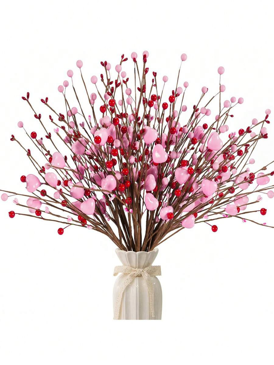 8pcs Valentine's Day Gift, Valentine's Day Decor - 8 Pink Heart-Shaped Berry Picks, With Red Berr... | SHEIN