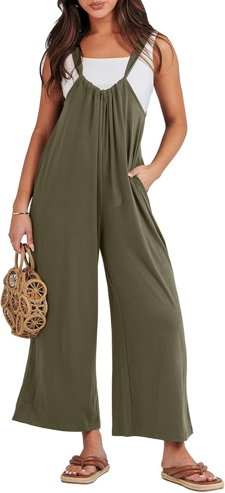 Caracilia Womens Summer Casual Jumpsuits Sleeveless Adjustable Strap Wide Leg Pants Baggy Rompers... | Amazon (US)