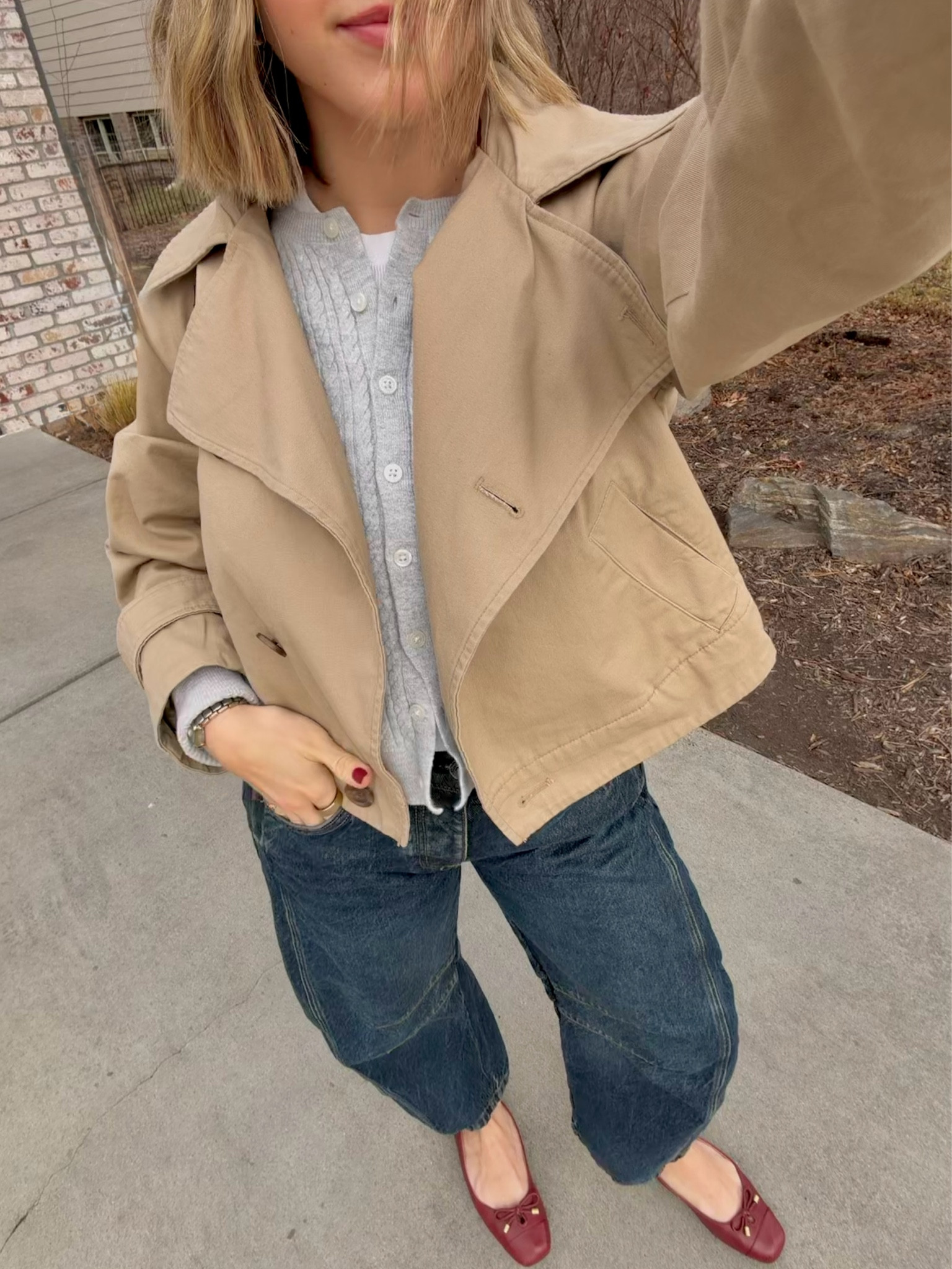 everything looks better with a cropped trench 💌 Free People Barrel Leg Jeans, Old Navy Cardigan, Gap Cropped Trench Coat, Vionic Red Ballet Flats | Chic style, Petite style 

#LTKSeasonal #LTKshoecrush #LTKfindsunder100
