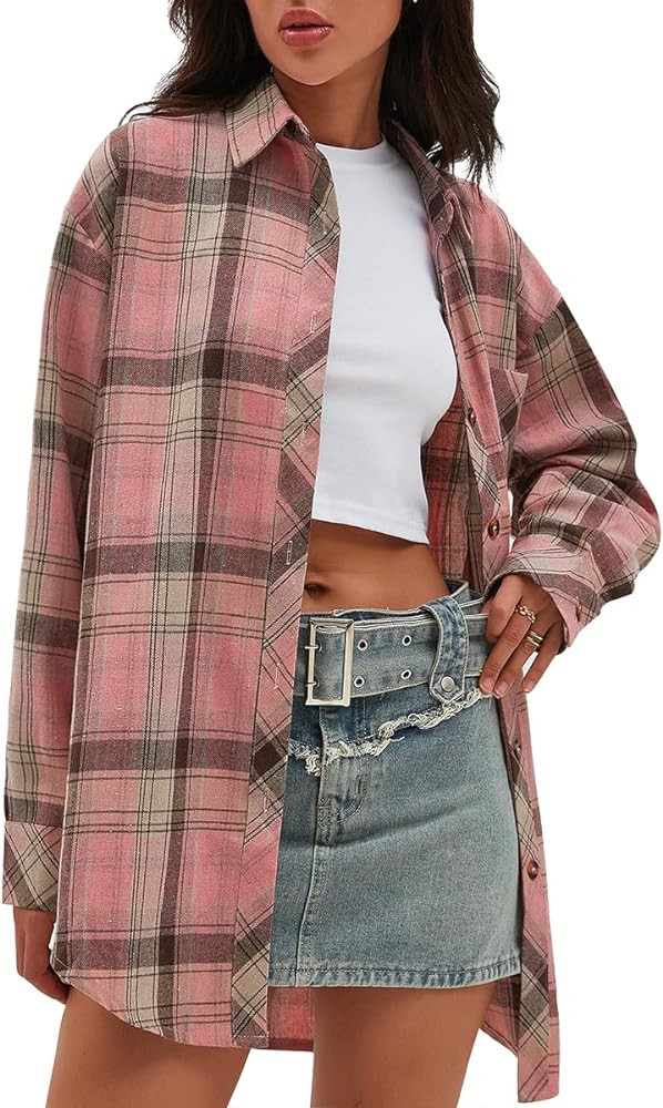 CHYRII Womens Button Down Flannel Shirts Long Sleeve Plaid Shackets Business Casual Blouse Top | Amazon (US)
