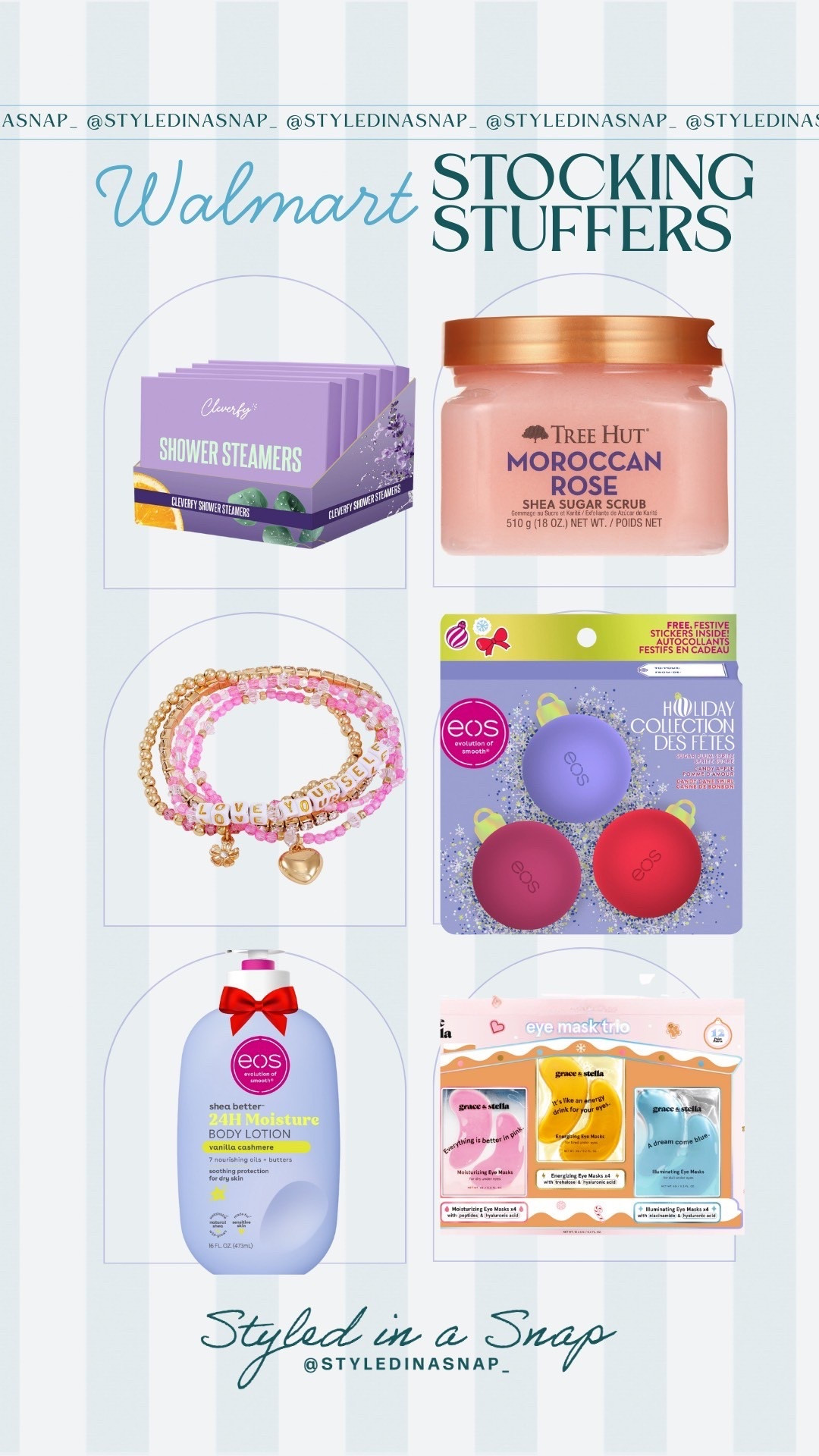 Walmart has some of the best stocking stuffers that will arrive in time for Christmas. These are all so affordable and a sure hit for whoever is lucky enough to get them. I love these shower steamers on a cold day and this bracelet stack is adorable. These eye patches and tree hut sugar scrub have gone viral for good reason and eos chapstick and lotion are always a good idea. 
Affordable stocking stuffers

#LTKHoliday #LTKOver40 #LTKFindsUnder50