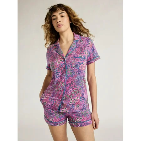 Joyspun Women’s Short Sleeve Notch Collar Top and Shorts Knit Pajama Set, 2-Piece, Sizes S to 3... | Walmart (US)