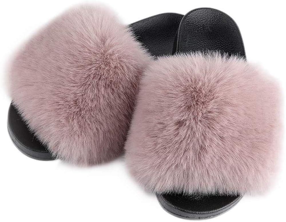 SUPKICKS Women’s Open Toe Slip on Soft Faux Fur Slides Slippers House Outdoor Cute Fluffy Comfy... | Amazon (US)