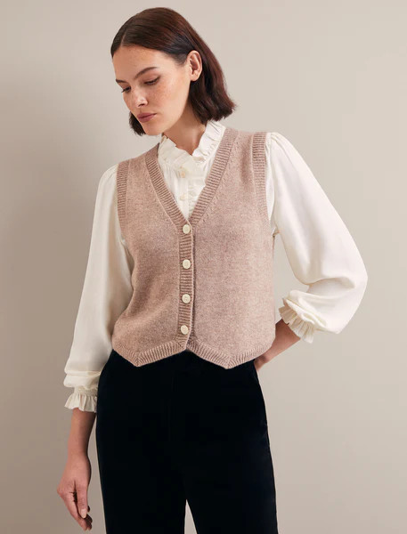 Wesley Cashmere Blend V Neck Waistcoat - Taupe | Cefinn