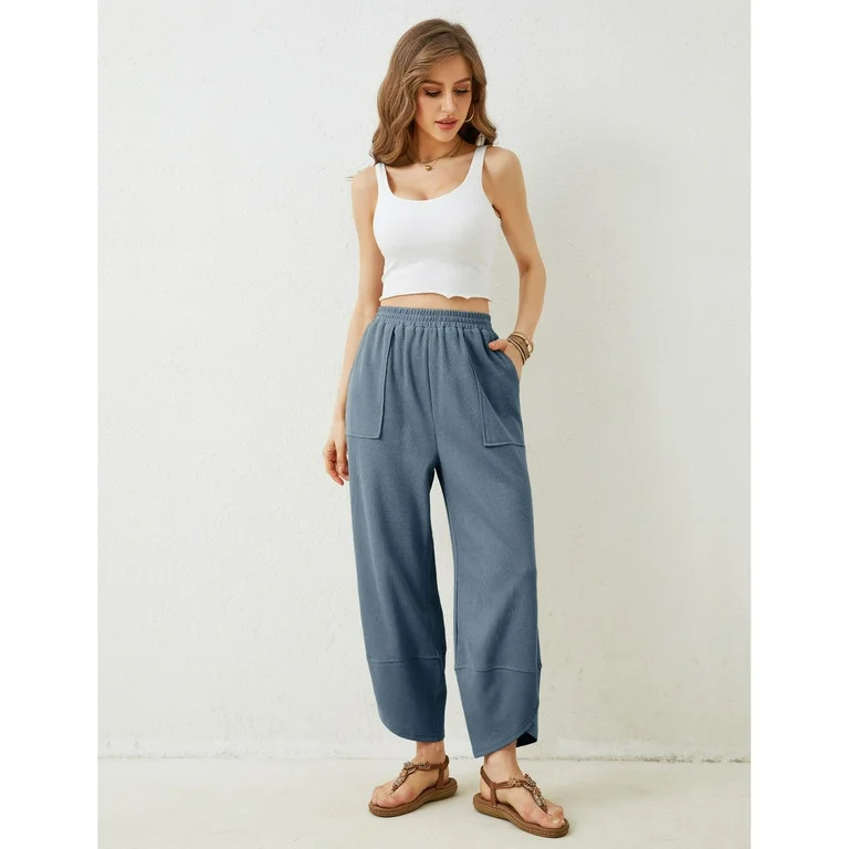 PUWEI Women's Wide Leg Pants Baggy Elastic Waisted Palazzo Harem Trousers with Pockets | Walmart (US)