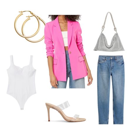 Valentine’s Day outfit galentines date night blazer and jeans best Amazon bodysuit clear heels 