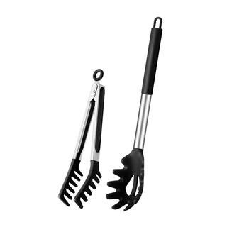 Black Silicone Spaghetti Spoon Server Fork with Teeth and Stainless Steel Handle Pasta Tong Food Clip Easy Clean | The Home Depot