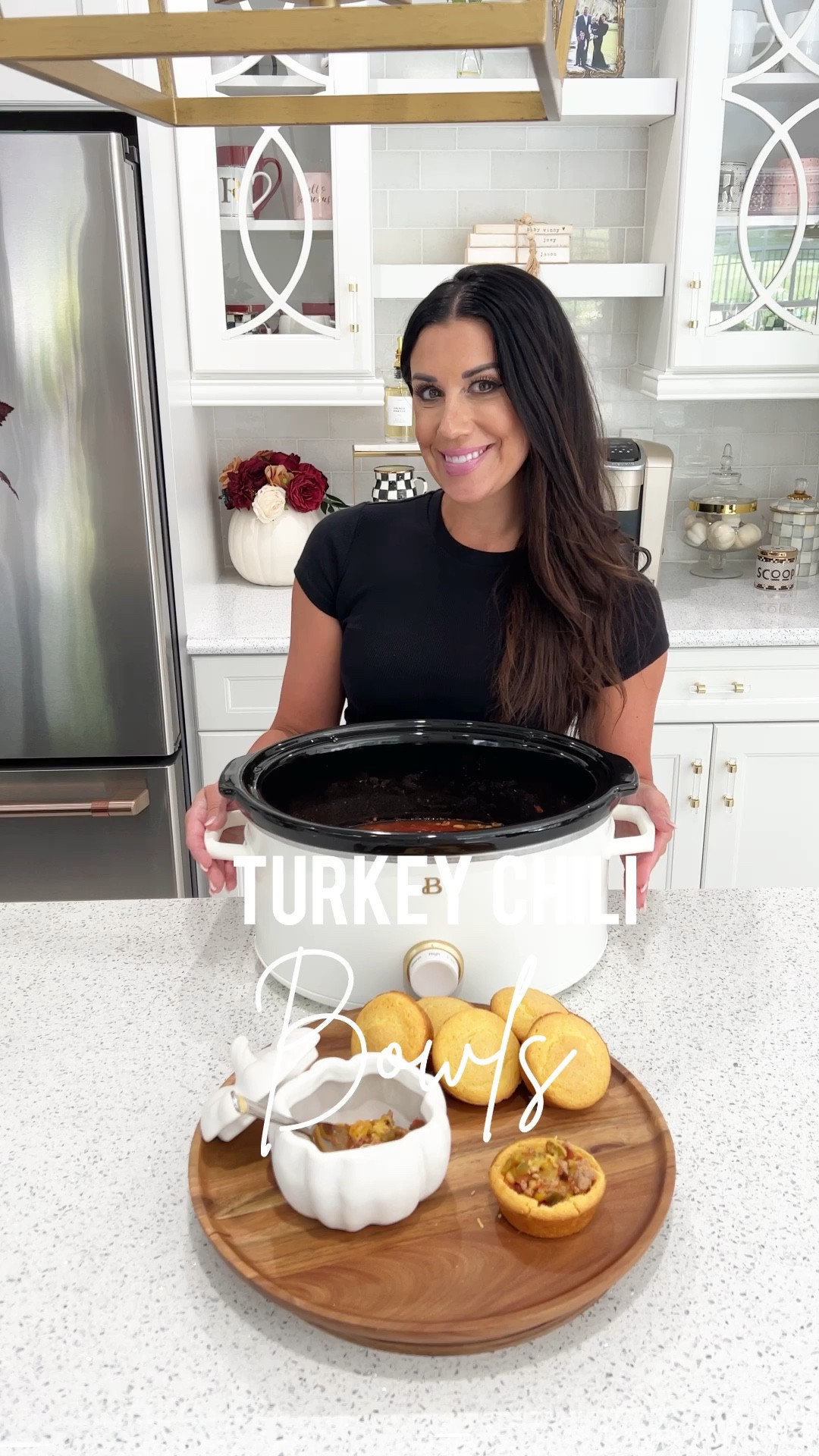 Pumpkin bowls, white crockpot, wood lazy Susan tray 

#LTKVideo #LTKHome