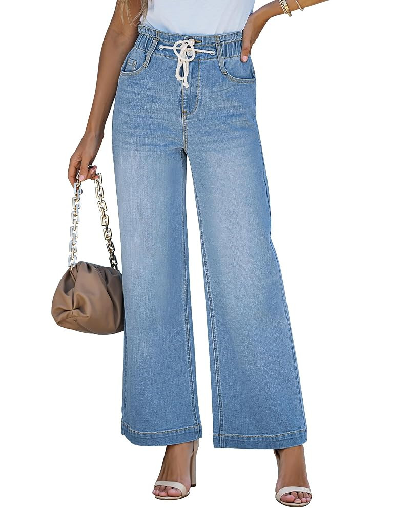 LookbookStore Womens Jeans Wide Leg High Waisted Trendy Elastic Wasit Drawstring Stretch Denim Pa... | Amazon (US)