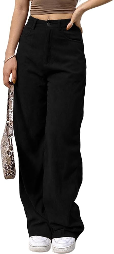SCUSTY Women's Vintage Corduroy High Elastic Waist Wide Leg Pocketed Pants Trouser | Amazon (US)