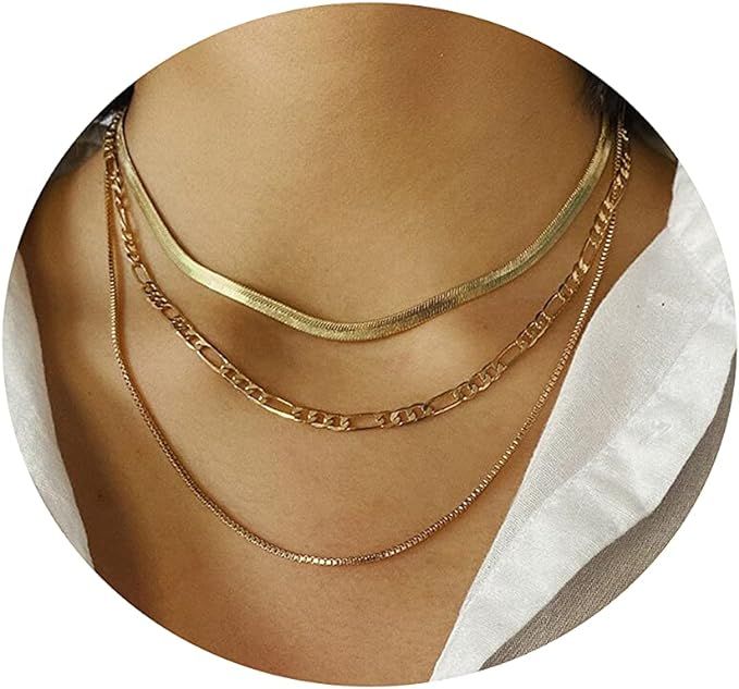 Tasiso 14K Gold Plated Herringbone Necklace Layered Snake Chain Herringbone Chain Necklace Gold L... | Amazon (CA)