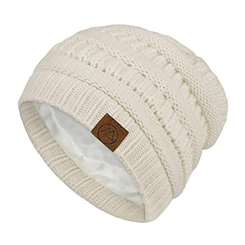 Beanies Women Satin Lined Beanie Winter Hats for Women Silk Lined Slouchy Beanie for Winter Warm Knit Cuffed Beanie Hat Beige | Amazon (US)