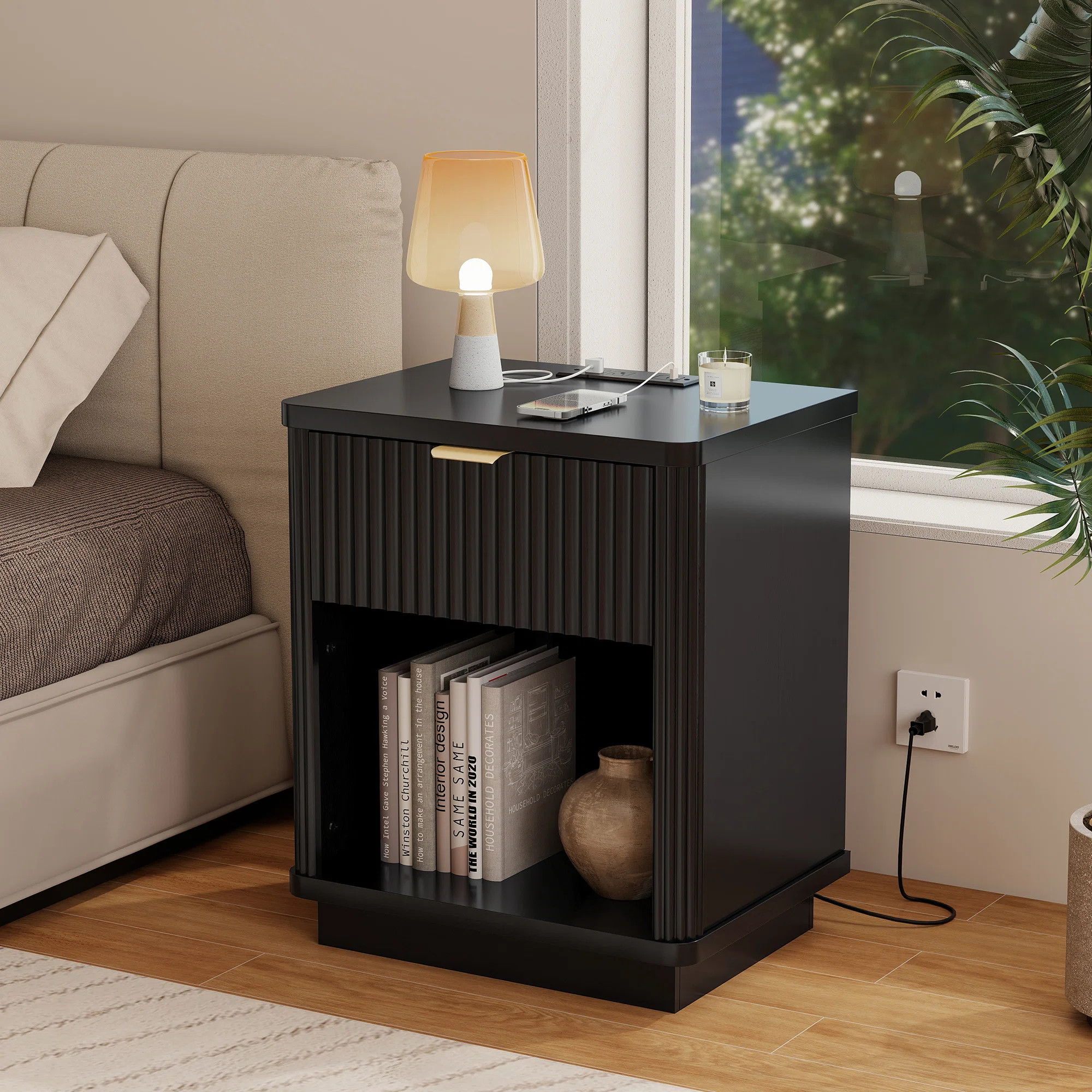 Rhythm Black Nightstand with Charging Station, Fluted Wood Bed Side Table with 1 Drawer Storage, ... | Wayfair North America