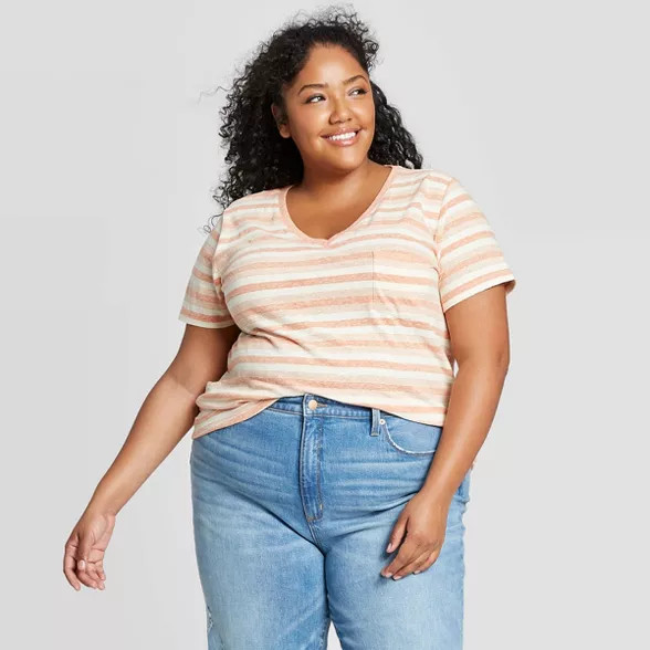 Women's Plus Size Striped Short Sleeve V-Neck Monterey T-Shirt - Universal Thread™ Orange | Target