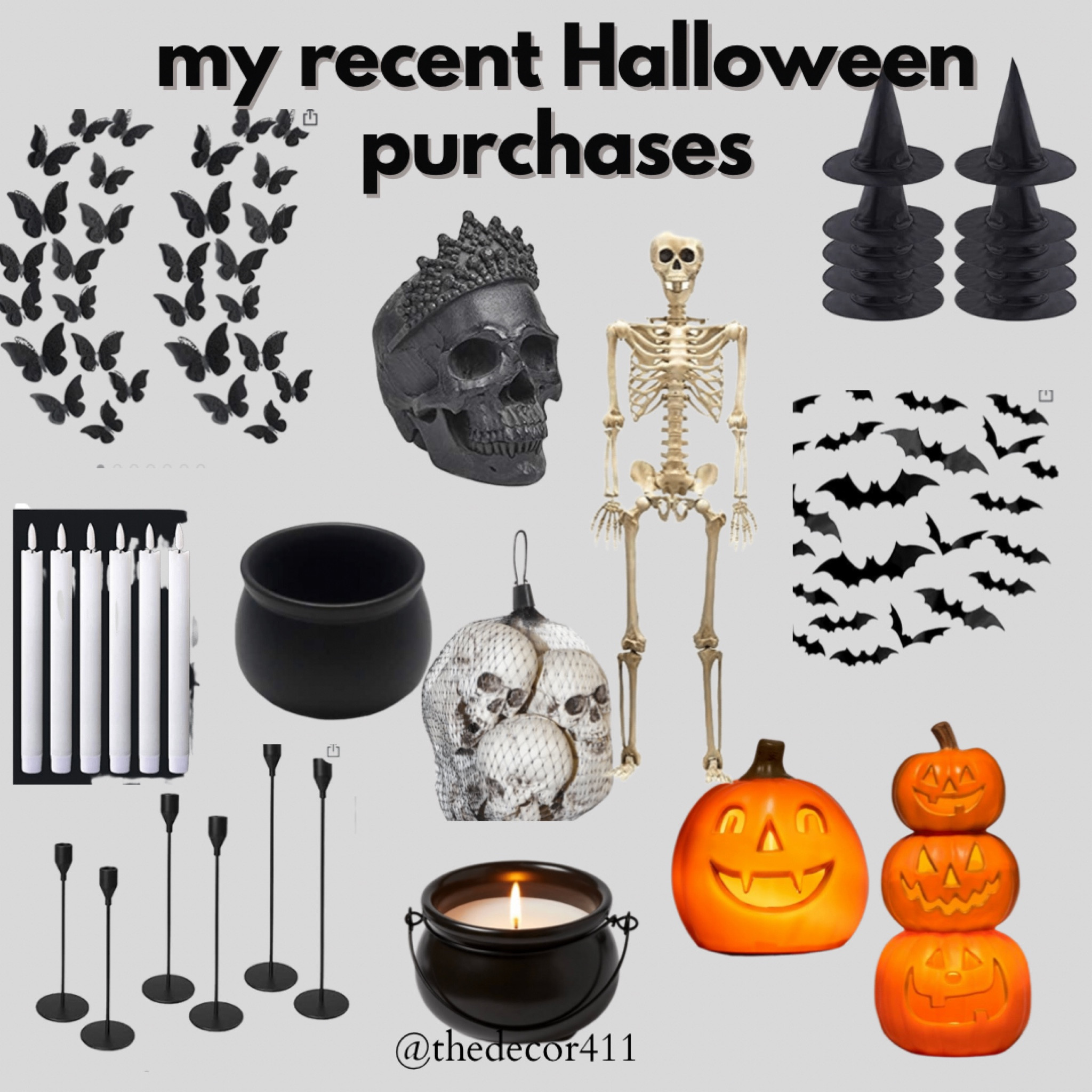 My Recent Halloween purchases 
Halloween bats, witches hats, pumpkins, cauldrons, candlestick holder, battery operated candlestick, skeleton, skulls, black butterflies, Halloween decor

#LTKHalloween #LTKSeasonal #LTKhome