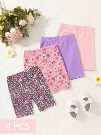 SHEIN Playful Pals 4pcs/Set Cute Digital Print Shorts, Casual Comfortable Leggings For Daily Wear... | SHEIN