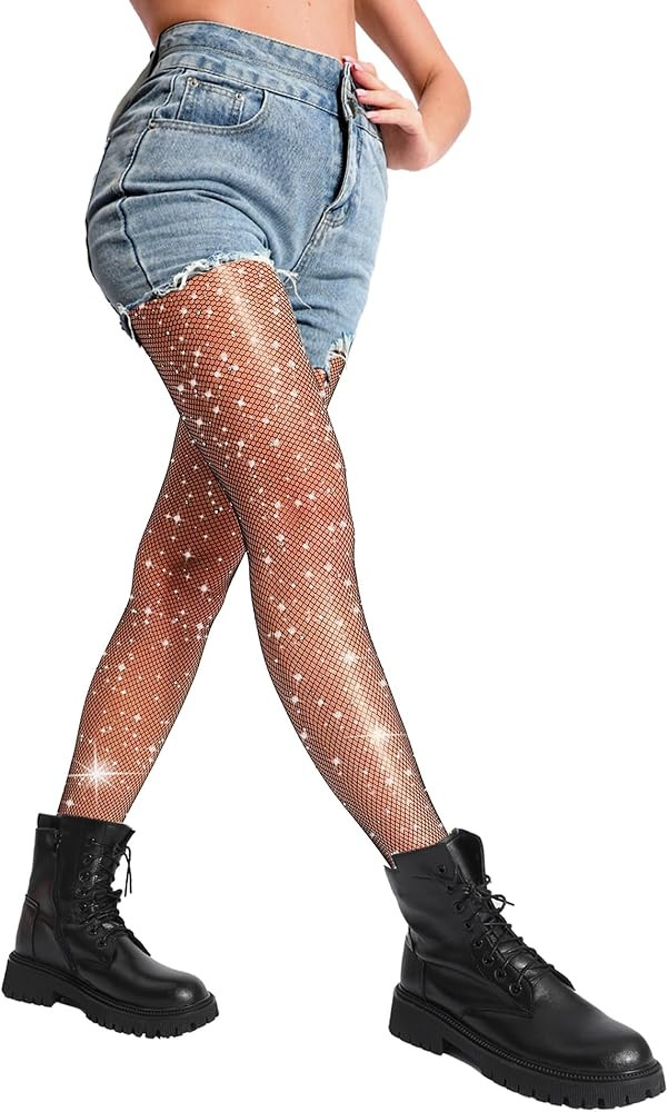 DancMolly Ultra Durable Sparkly Fishnet Stockings High Waist Sparkle Rhinestone Tights Party Conc... | Amazon (US)
