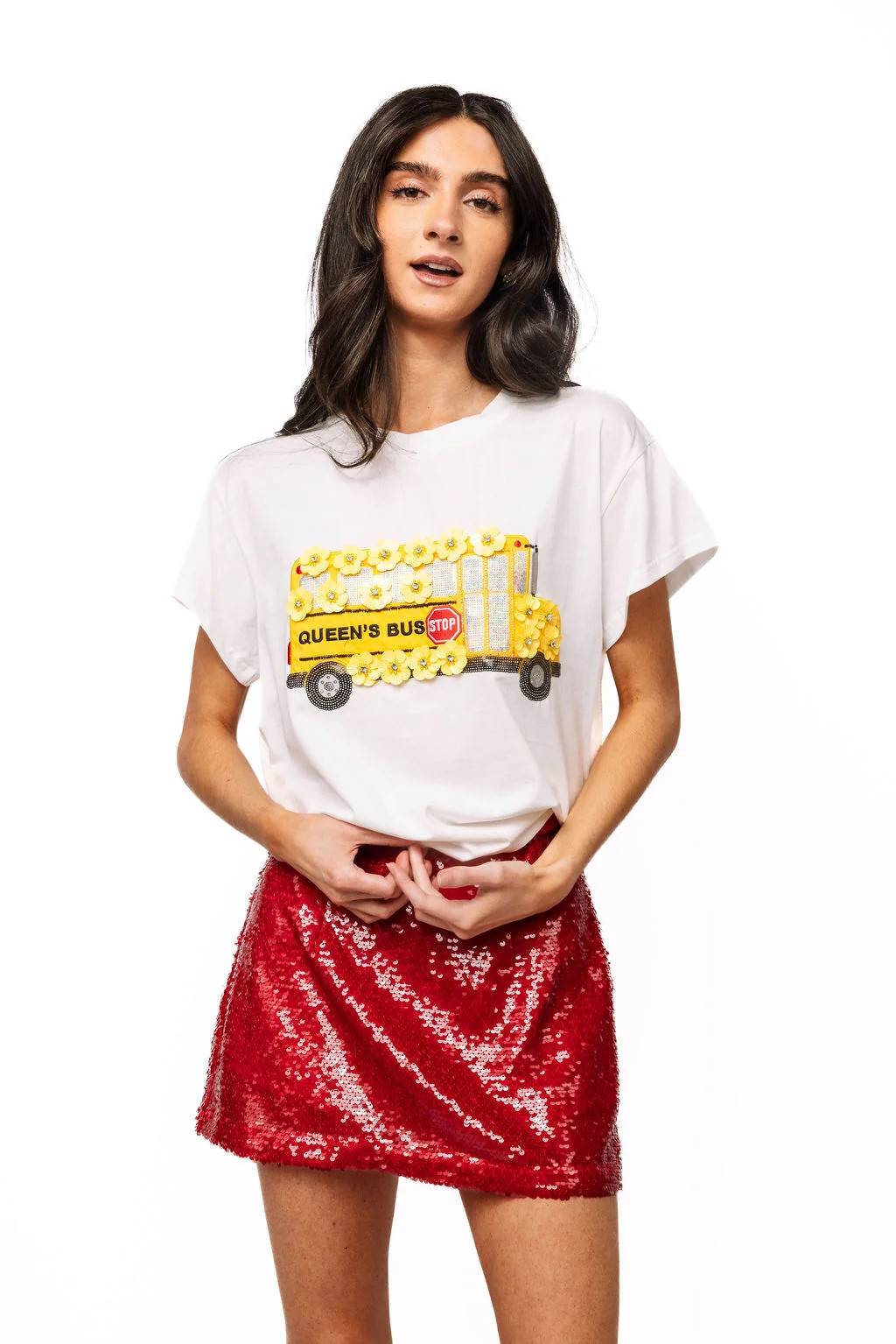 White & Yellow Sequin Flower School Bus Tee | Queen of Sparkles