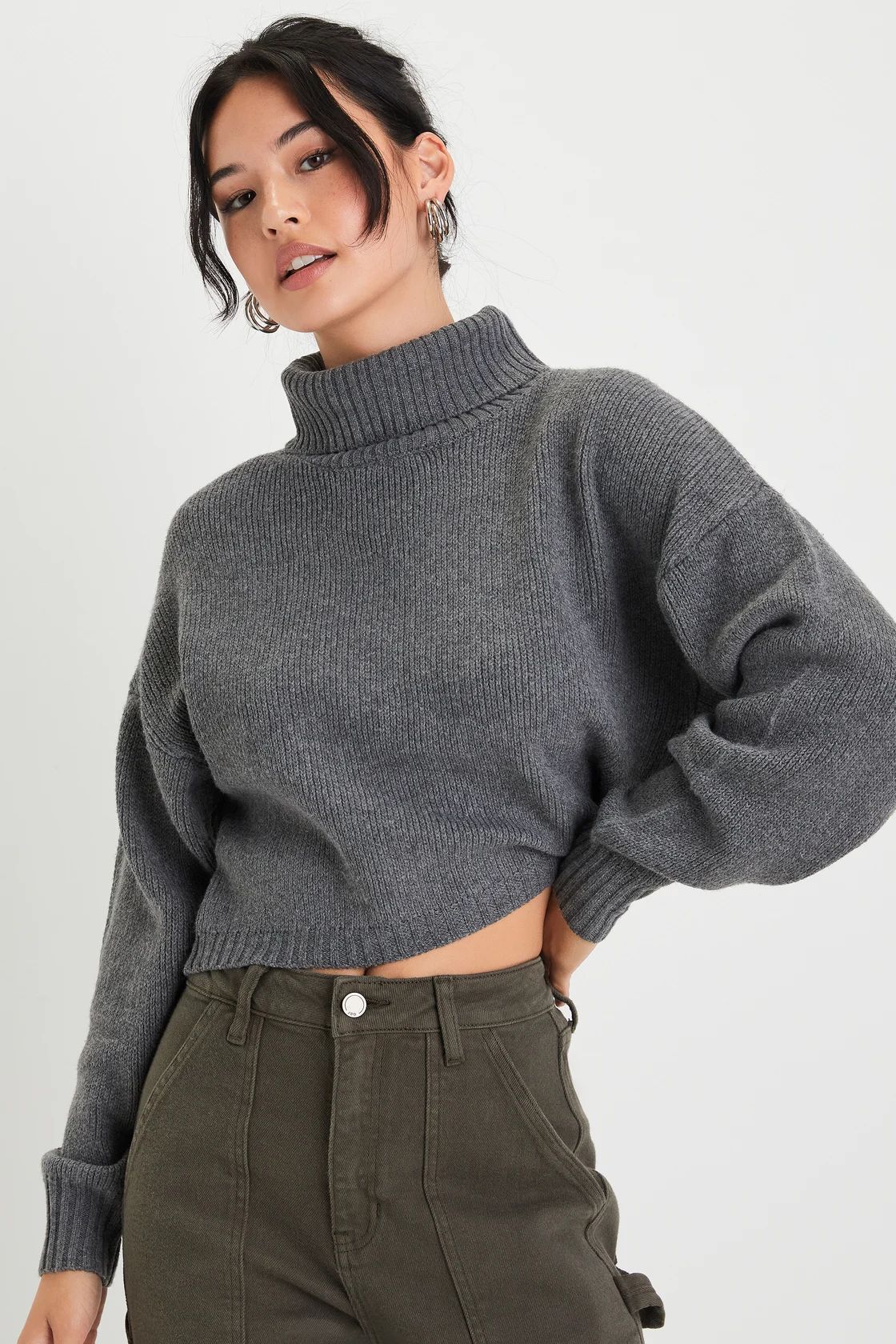 Comfy Intentions Dark Grey Turtleneck Cropped Pullover Sweater | Lulus