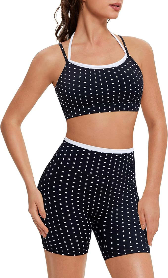OMKAGI Workout Sets for Women Cute Doubel Layer Open Back Sports Bras Gym Shorts Outfits | Amazon (US)