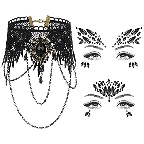 halloween black lace choker necklace 3d eyes body face rhinestone stickers women vintage steampunk a | Amazon (US)