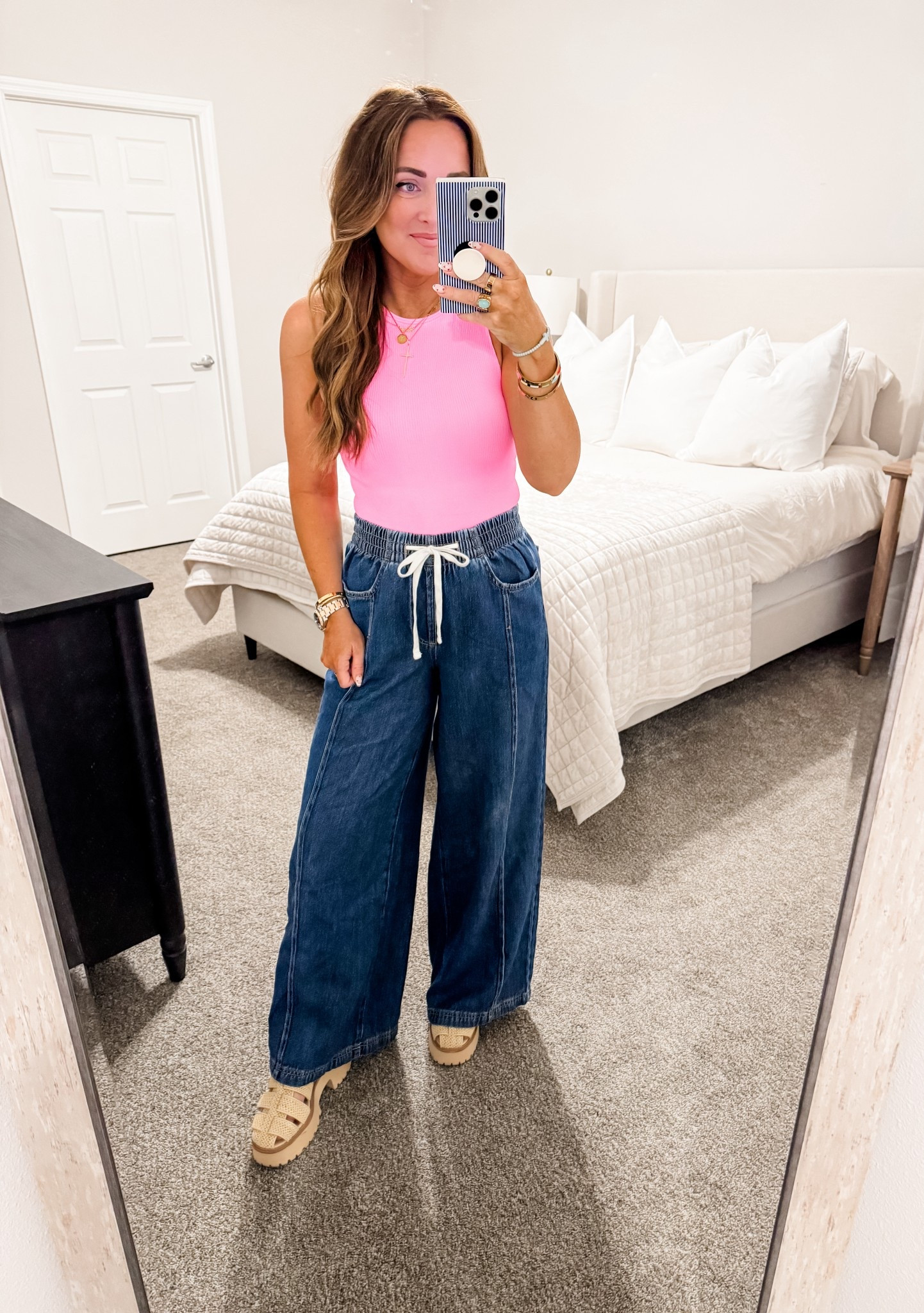 Bodysuit - M, Denim - S (size down) 
5’4” 140lbs 
—
Amazon bodysuit | Target denim | Loose denim | Tie waist denim | Casual office attire | Summer casual | Hot pink | Fisherman sandal | Chunky sandal 

#LTKWorkwear #LTKSaleAlert #LTKmomlife