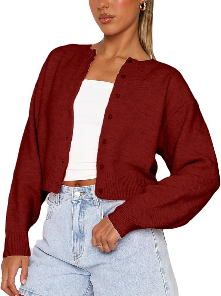 Women Y2K Button Front Crop Sweater Cardigan Solid Color Crew Neck Long Sleeve Knit Fall Tops Str... | Amazon (US)