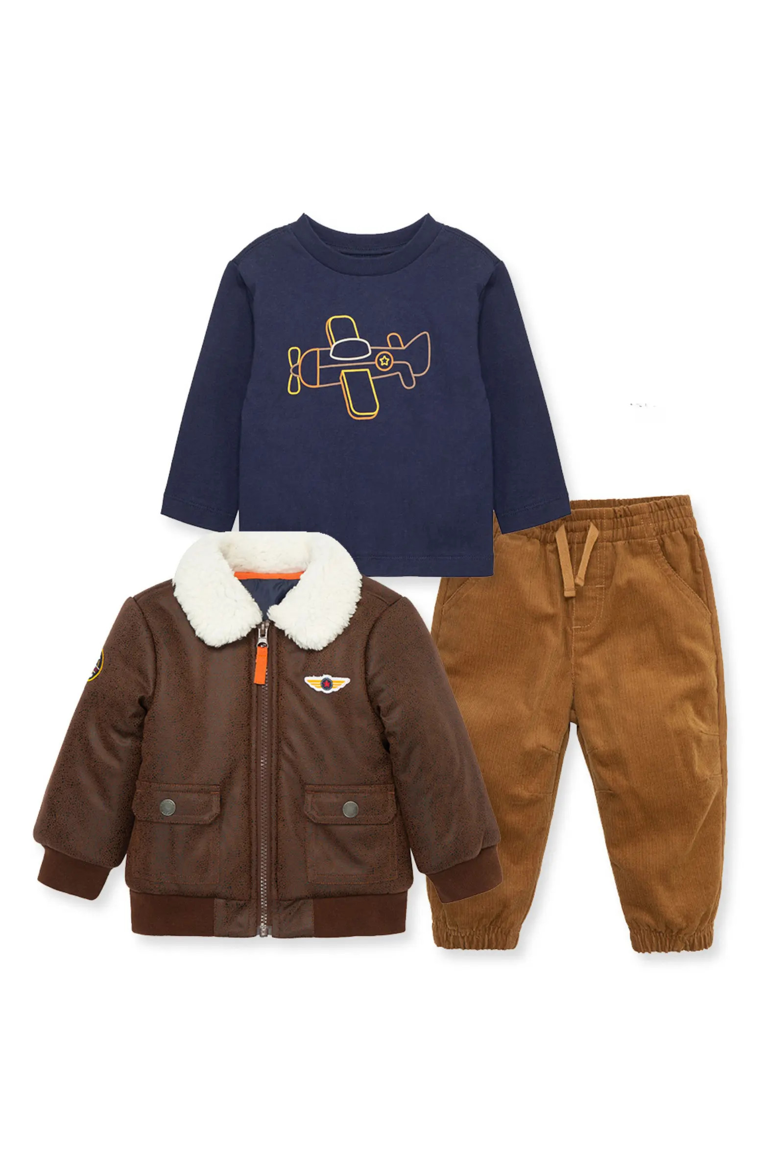 Little Me Aviator Bomber Jacket, Graphic T-Shirt & Corduroy Pants Set | Nordstrom | Nordstrom