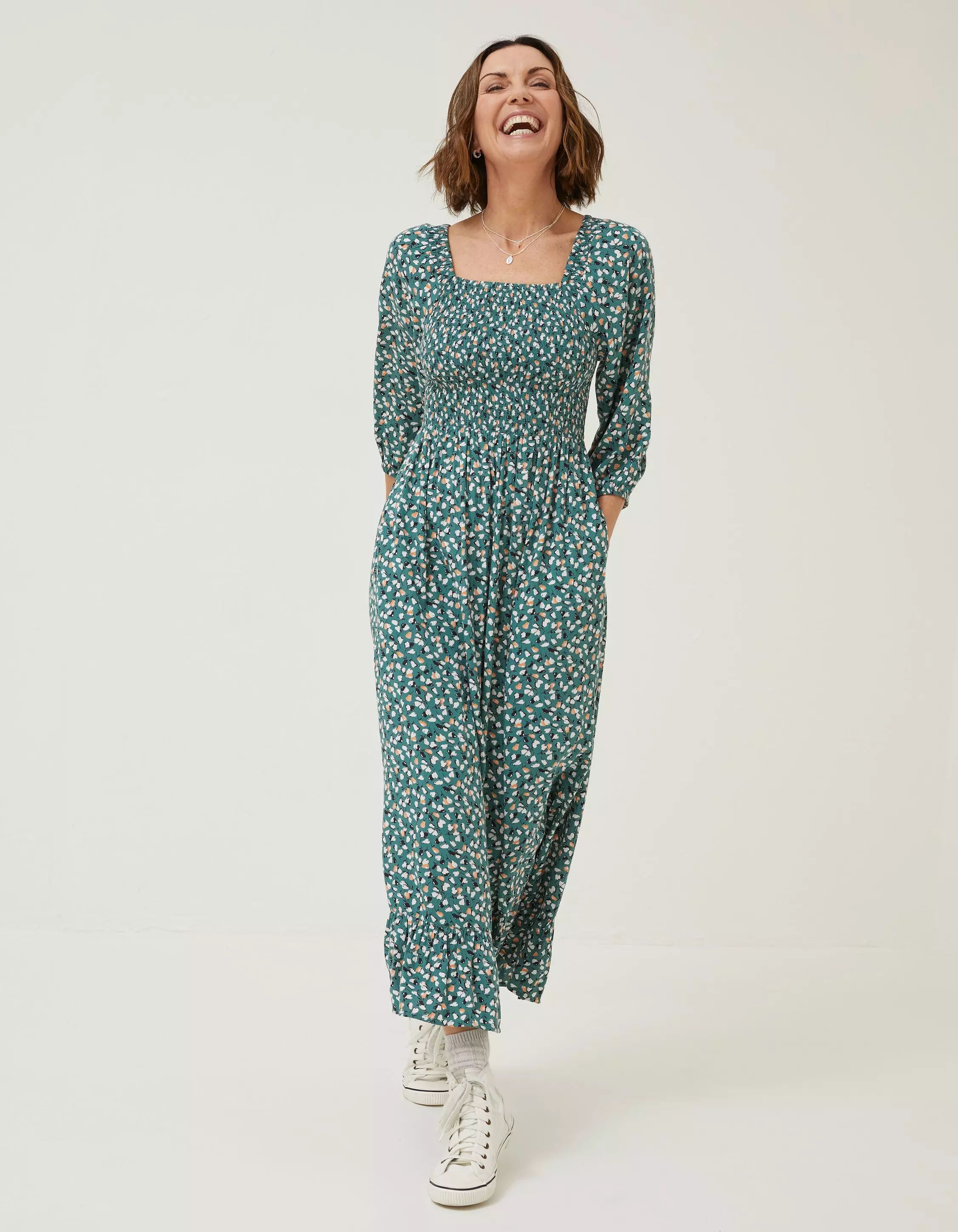 Adele Shirred Ditsy Print Midi Dress | FatFace (US & Canada)