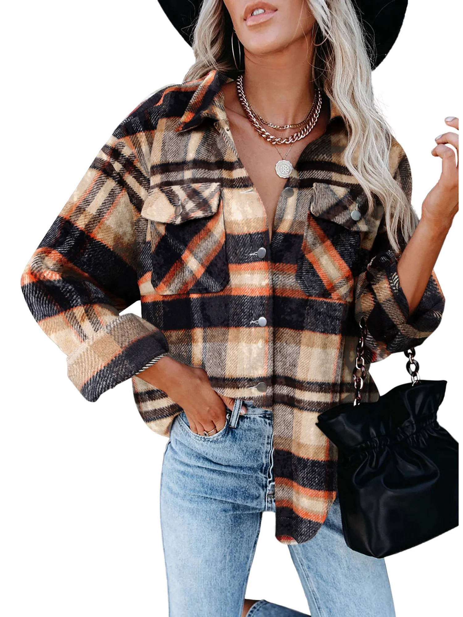 Women Shacket Jacket Casual Flannel Plaid Wool Blend Shirt Coat Button Down Lapel Long Sleeve Tar... | Walmart (US)