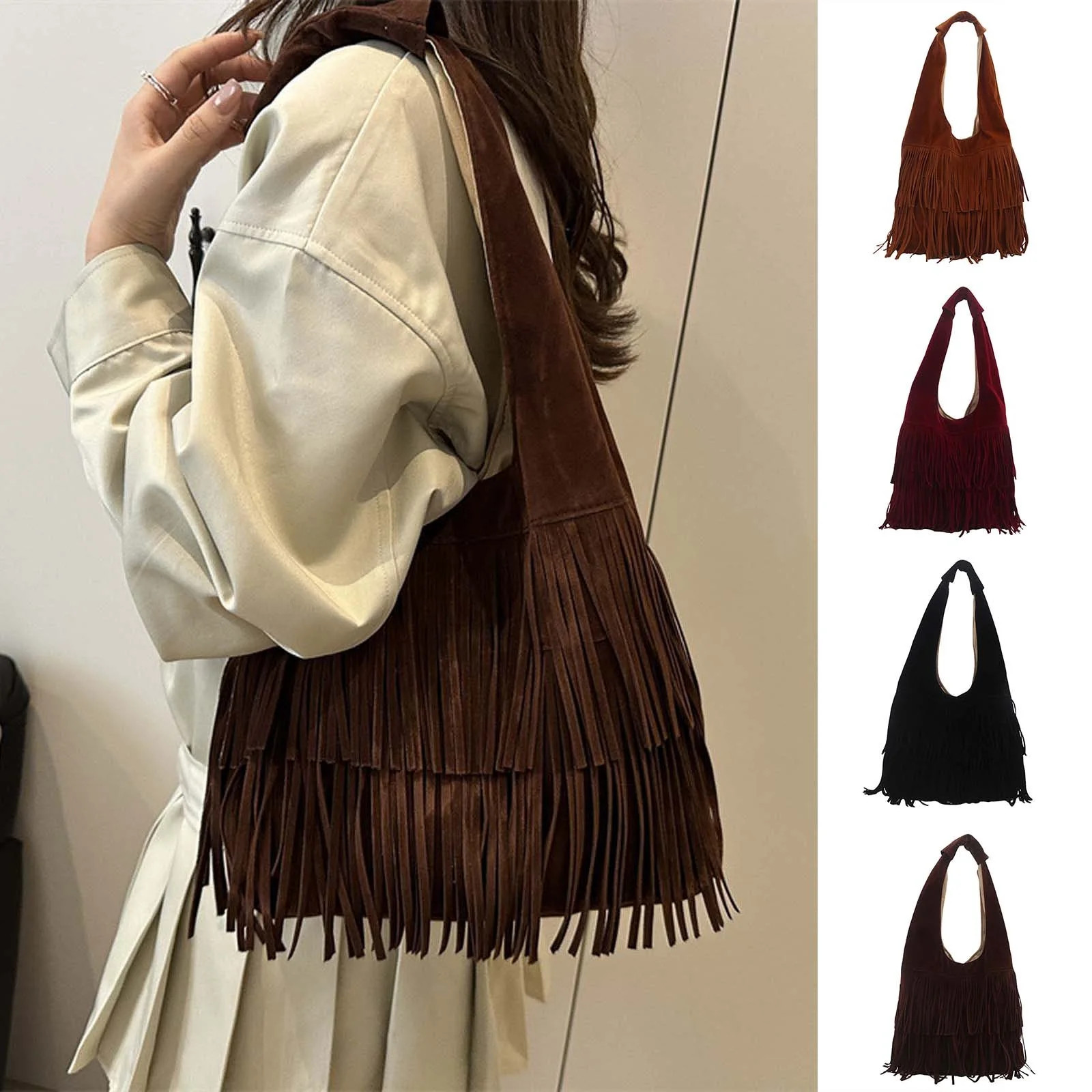 HAIJIE Women's Fringe Tote Bag Frosted Travel Tote Boho Shoulder Bag Slouchy Handbag Soft Stylish... | Walmart (US)
