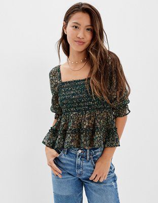 AE Square Neck Smocked Babydoll Blouse | American Eagle Outfitters (US & CA)