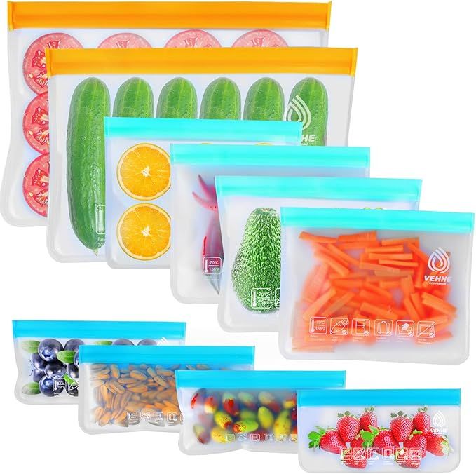 VEHHE 10 Pack Reusable Storage Bags, 2 Reusable Food Freezer Bags + 4 Reusable Sandwich Bags Wash... | Amazon (US)