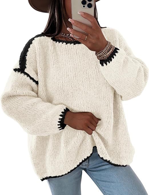 KIRUNDO Womens Sweaters 2024 Fall Oversized Long Sleeve Chunky Knit Crew Neck Contrast Stitching ... | Amazon (US)