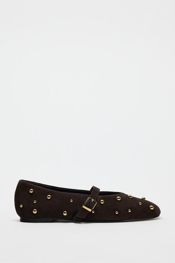 STUDDED SPLIT SUEDE BALLERINAS | Zara UK
