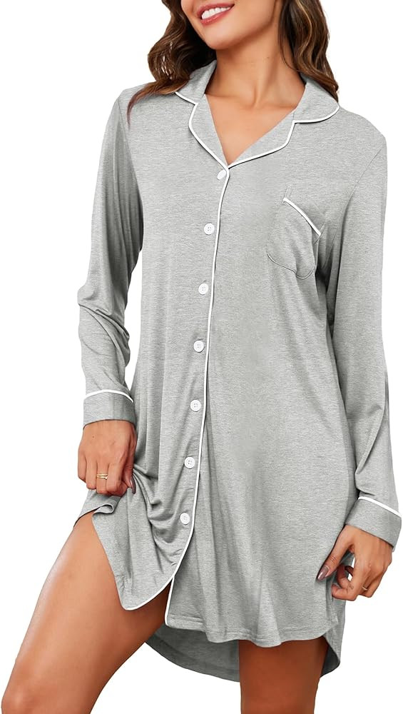 Women's Nightgown Short Sleeve Pajama Dress Soft Button Down Sleep Shirts Comfy Boyfriend Nightdr... | Amazon (US)